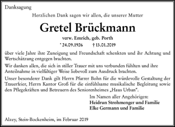 Traueranzeige von Gretel Brückmann von vrm-trauer