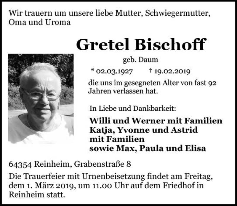  Traueranzeige für Gretel Ilischoff vom 23.02.2019 aus vrm-trauer