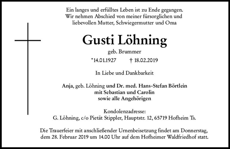  Traueranzeige für Gusti Löhning vom 22.02.2019 aus vrm-trauer