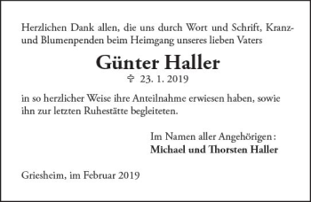 Traueranzeige von Günter Haller von vrm-trauer