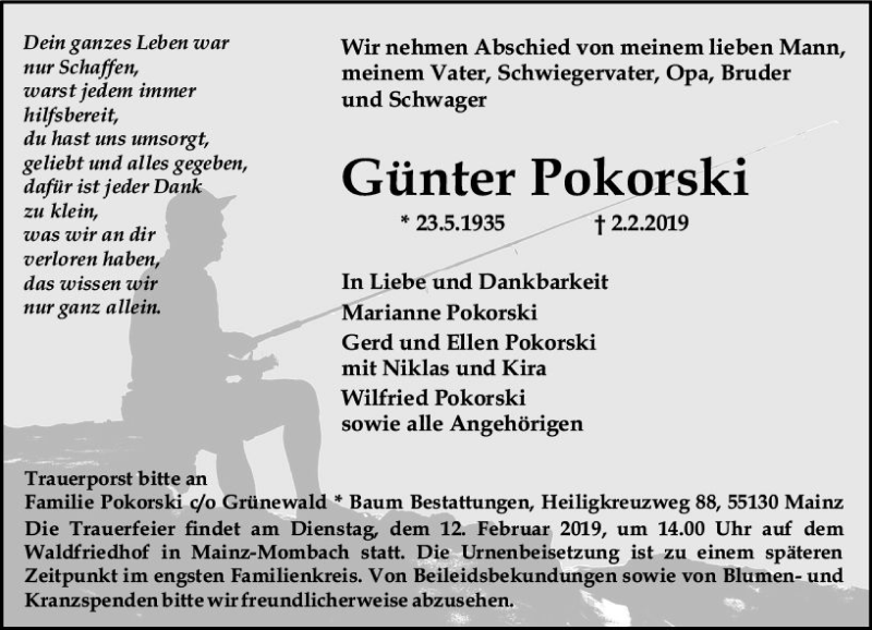  Traueranzeige für Günter Pokorski vom 09.02.2019 aus vrm-trauer