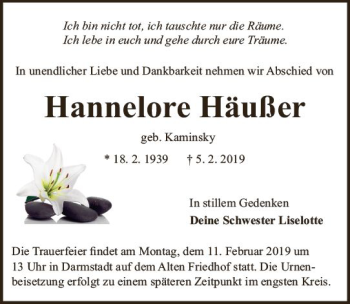 Traueranzeige von Hannelore Häußer von vrm-trauer