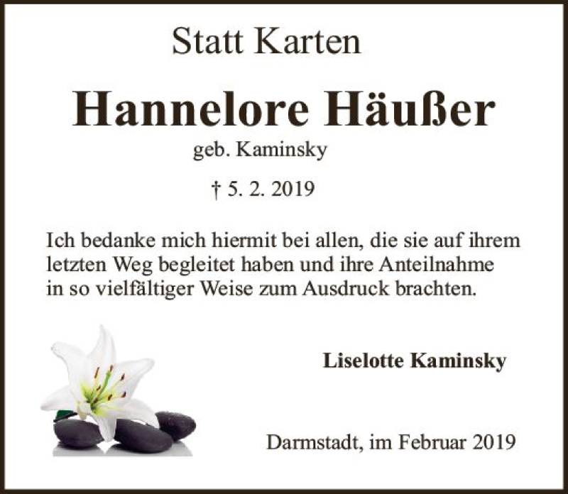  Traueranzeige für Hannelore Häußler vom 16.02.2019 aus vrm-trauer