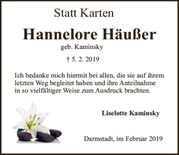 Traueranzeige von Hannelore Häußler von vrm-trauer