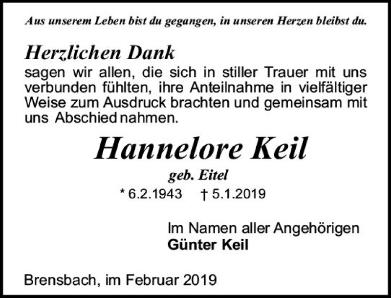  Traueranzeige für Hannelore Keil vom 02.02.2019 aus vrm-trauer