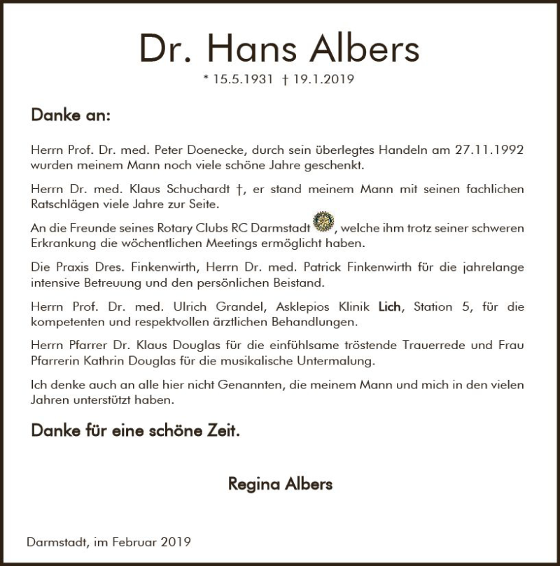  Traueranzeige für Hans Albers vom 02.02.2019 aus vrm-trauer