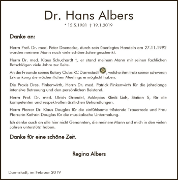 Traueranzeige von Hans Albers von vrm-trauer