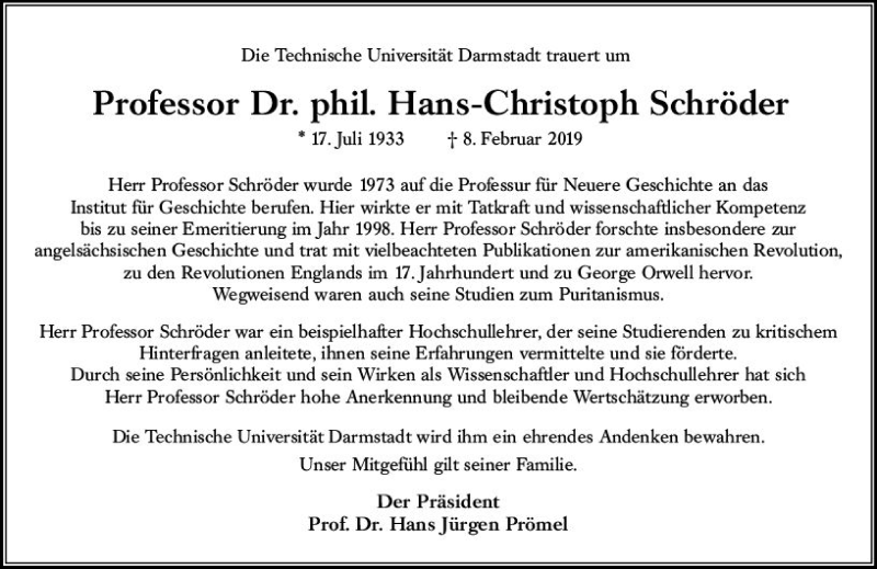  Traueranzeige für Hans-Christoph Schröder vom 20.02.2019 aus vrm-trauer