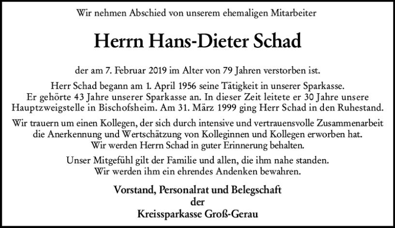  Traueranzeige für Hans-Dieter Schad vom 16.02.2019 aus vrm-trauer