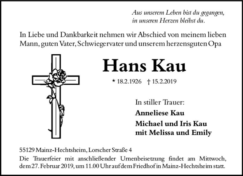  Traueranzeige für Hans Kau vom 23.02.2019 aus vrm-trauer