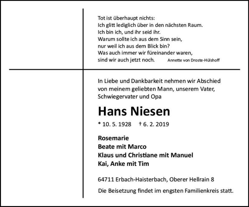  Traueranzeige für Hans Niesen vom 09.02.2019 aus vrm-trauer