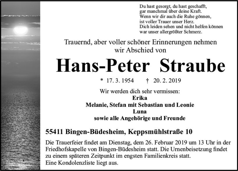  Traueranzeige für Hans-Peter Straube vom 23.02.2019 aus vrm-trauer
