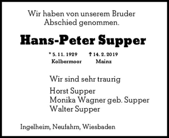 Traueranzeige von Hans-Peter Supper von vrm-trauer