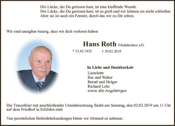 Traueranzeige von Hans Roth von vrm-trauer