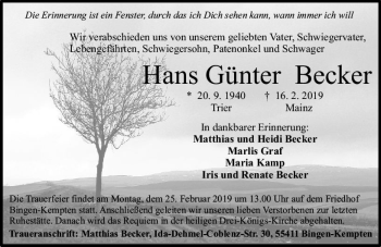 Traueranzeige von Hans Günter Becker von vrm-trauer