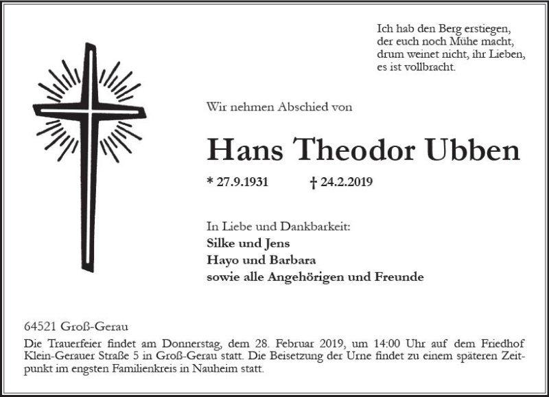  Traueranzeige für Hans Theodor Ubben vom 27.02.2019 aus vrm-trauer