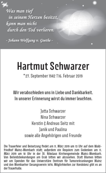 Traueranzeige von Hartmut Schwarzer von vrm-trauer