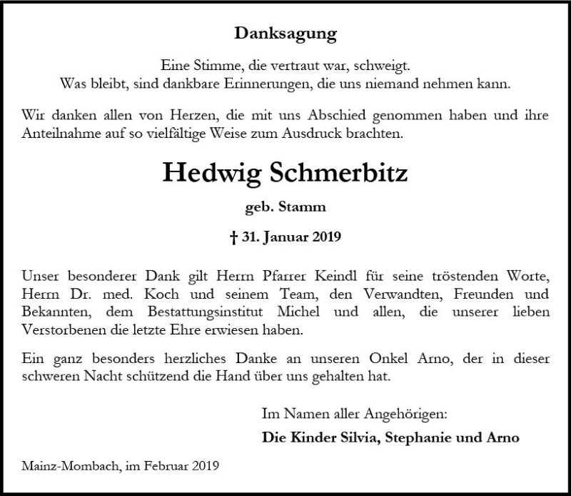  Traueranzeige für Hedwig Schmerbitz vom 23.02.2019 aus vrm-trauer