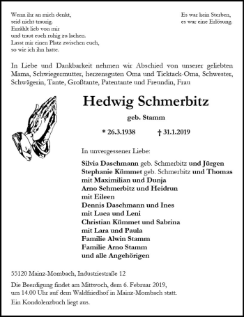Traueranzeige von Hedwig Schmerbitz von vrm-trauer