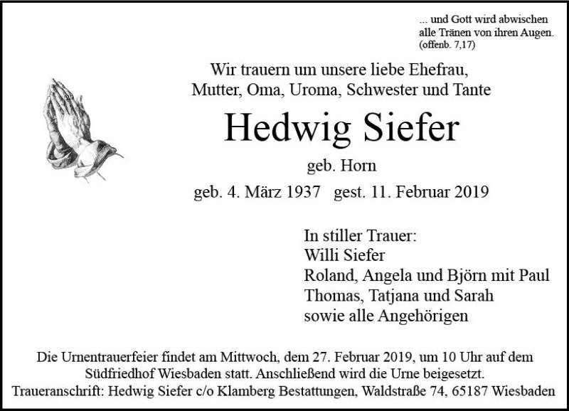  Traueranzeige für Hedwig Siefer vom 23.02.2019 aus vrm-trauer
