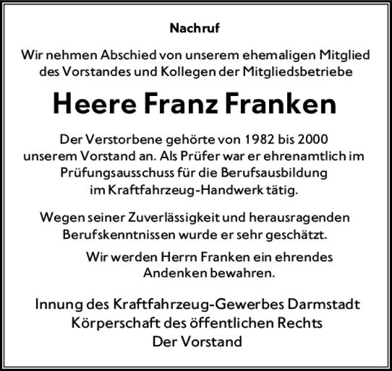  Traueranzeige für Heere Franz Franken vom 23.02.2019 aus vrm-trauer