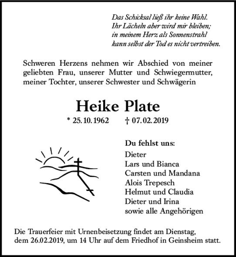  Traueranzeige für Heike Plate vom 22.02.2019 aus vrm-trauer