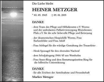 Traueranzeige von Heiner Metzger von vrm-trauer