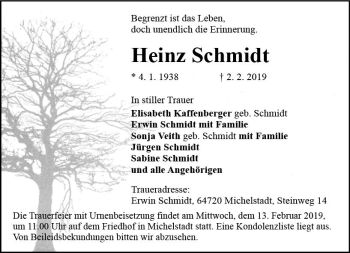 Traueranzeige von Heinz Schmidt von vrm-trauer