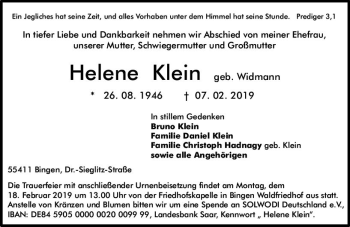 Traueranzeige von Helene Klein von vrm-trauer