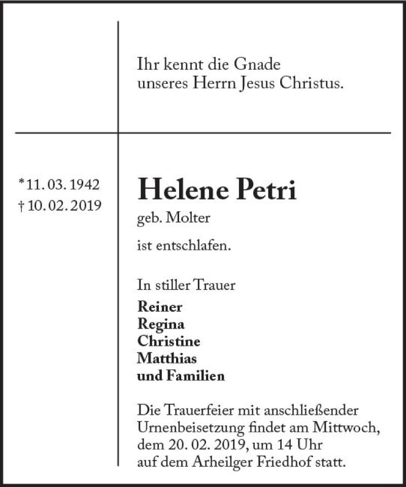  Traueranzeige für Helene Petri vom 16.02.2019 aus vrm-trauer
