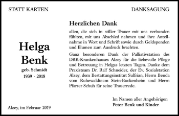 Traueranzeige von Helga Benk von vrm-trauer