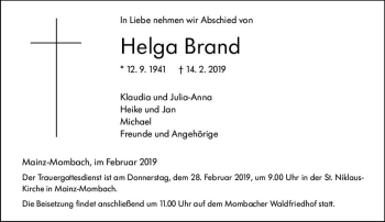 Traueranzeige von Helga Brand von vrm-trauer