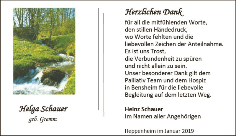  Traueranzeige für Helga Schauer vom 09.02.2019 aus vrm-trauer