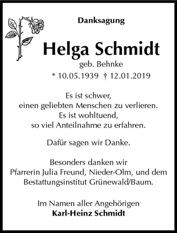 Traueranzeige von Helga Schmidt von vrm-trauer