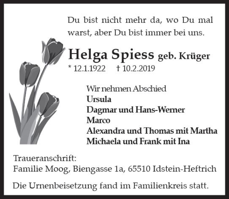  Traueranzeige für Helga Speiss vom 23.02.2019 aus vrm-trauer