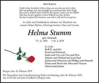 Traueranzeige von Helma Stumm von vrm-trauer
