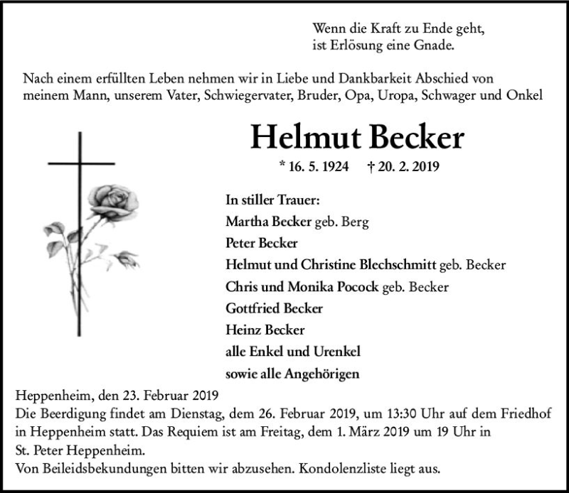  Traueranzeige für Helmut Becker vom 23.02.2019 aus vrm-trauer