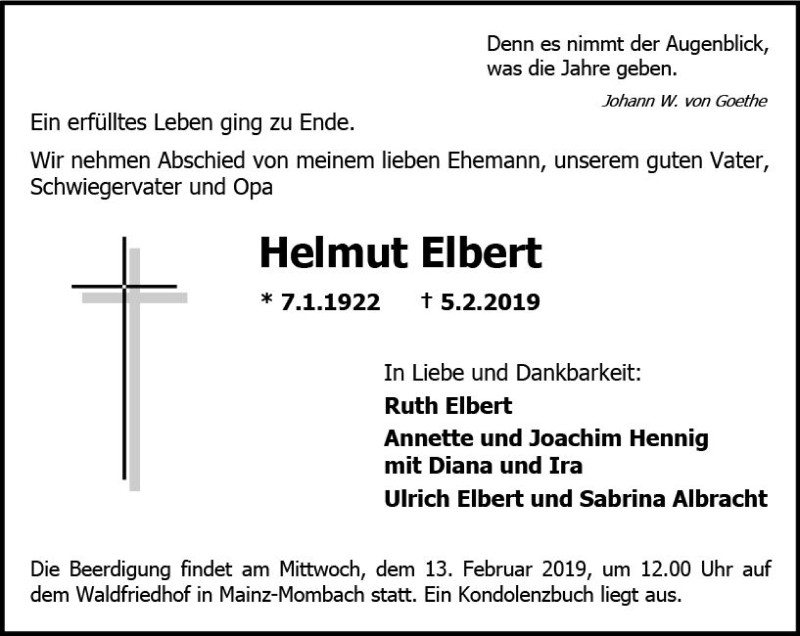  Traueranzeige für Helmut Elbert vom 09.02.2019 aus vrm-trauer