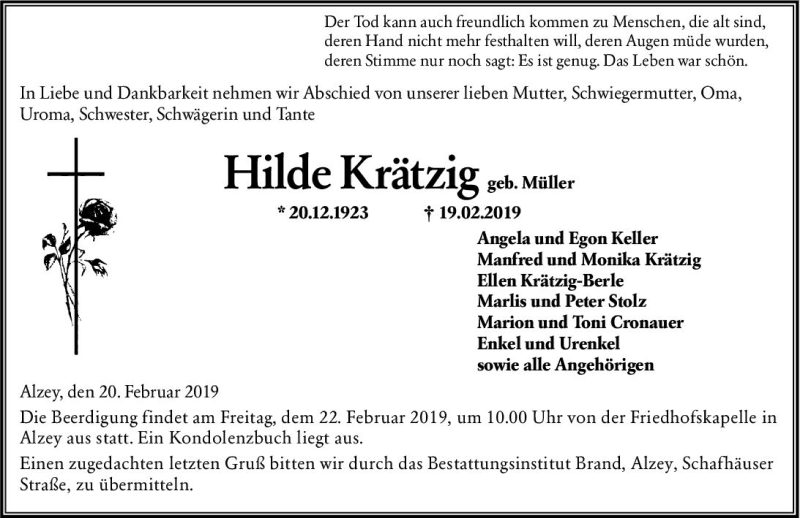  Traueranzeige für Hilde Krätzig vom 20.02.2019 aus vrm-trauer