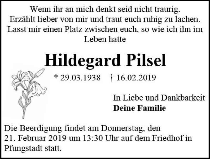  Traueranzeige für Hildegard Pilsel vom 20.02.2019 aus vrm-trauer