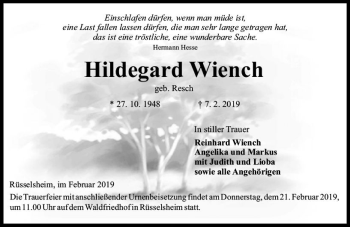 Traueranzeige von Hildegard Wiench von vrm-trauer