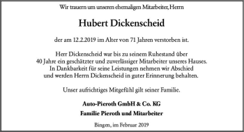 Traueranzeige von Hubert Dickenscheid von vrm-trauer