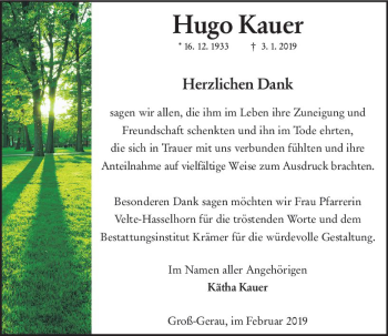Traueranzeige von Hugo Kauer von vrm-trauer