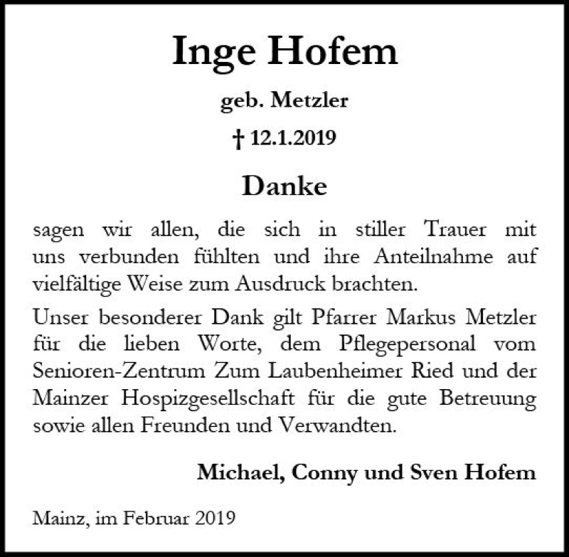  Traueranzeige für Inge Hofem vom 23.02.2019 aus vrm-trauer