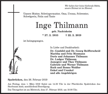Traueranzeige von Inge Thilmann von vrm-trauer