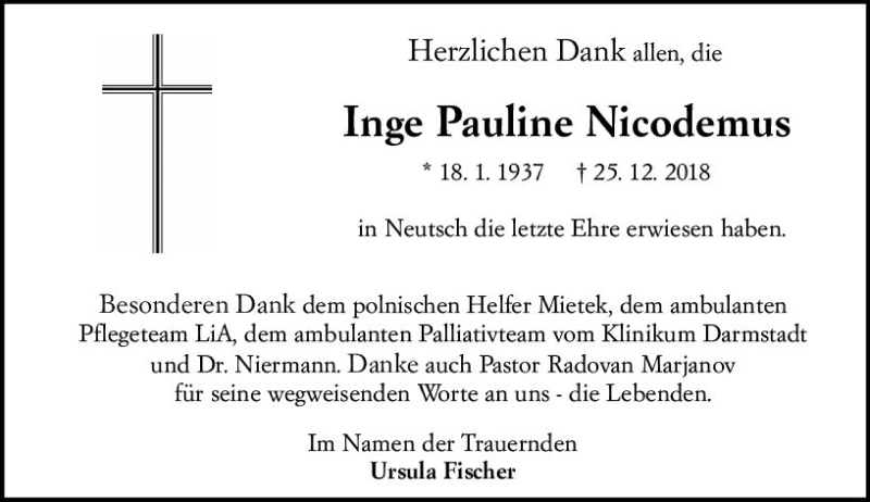  Traueranzeige für Inge Pauline Nicodemus vom 16.02.2019 aus vrm-trauer