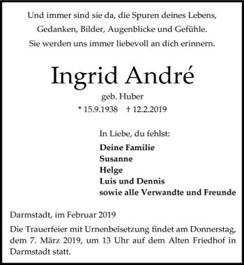 Traueranzeige von Ingrid Andre von vrm-trauer