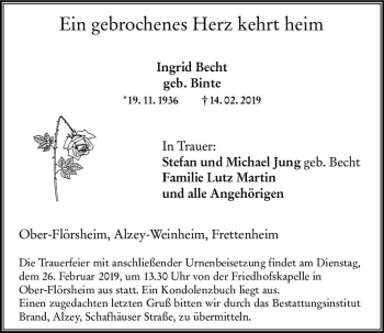 Traueranzeige von Ingrid Becht von vrm-trauer