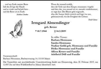 Traueranzeige von Irmgard Almendinger von vrm-trauer