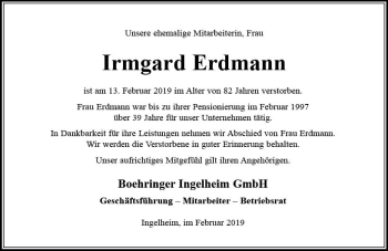 Traueranzeige von Irmgard Erdmann von vrm-trauer